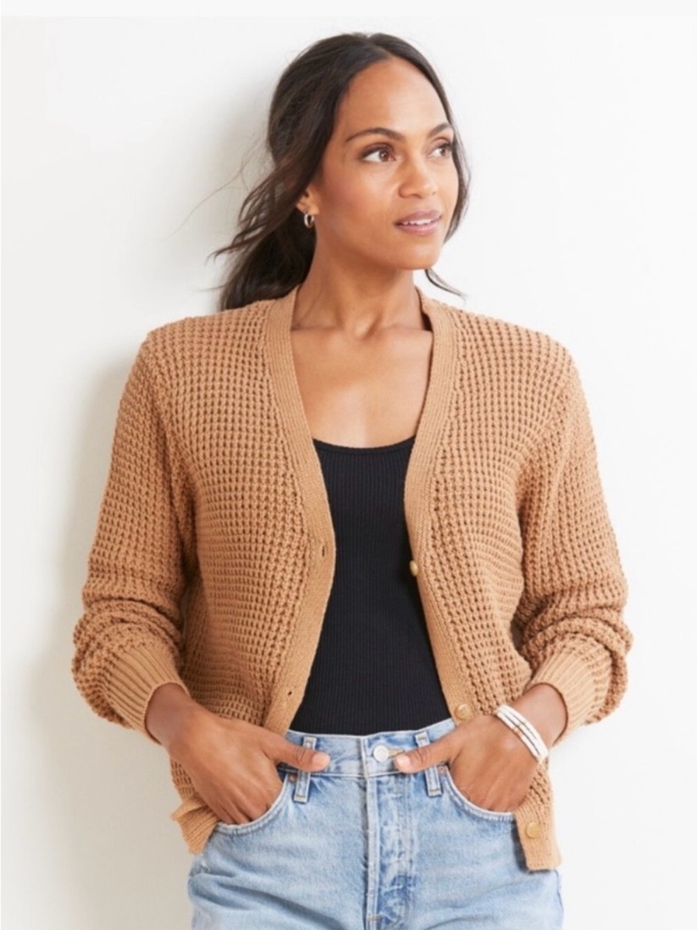 John + Jenn Women’s Ollie Short Cotton Cardigan Caramel Brown Size Medium